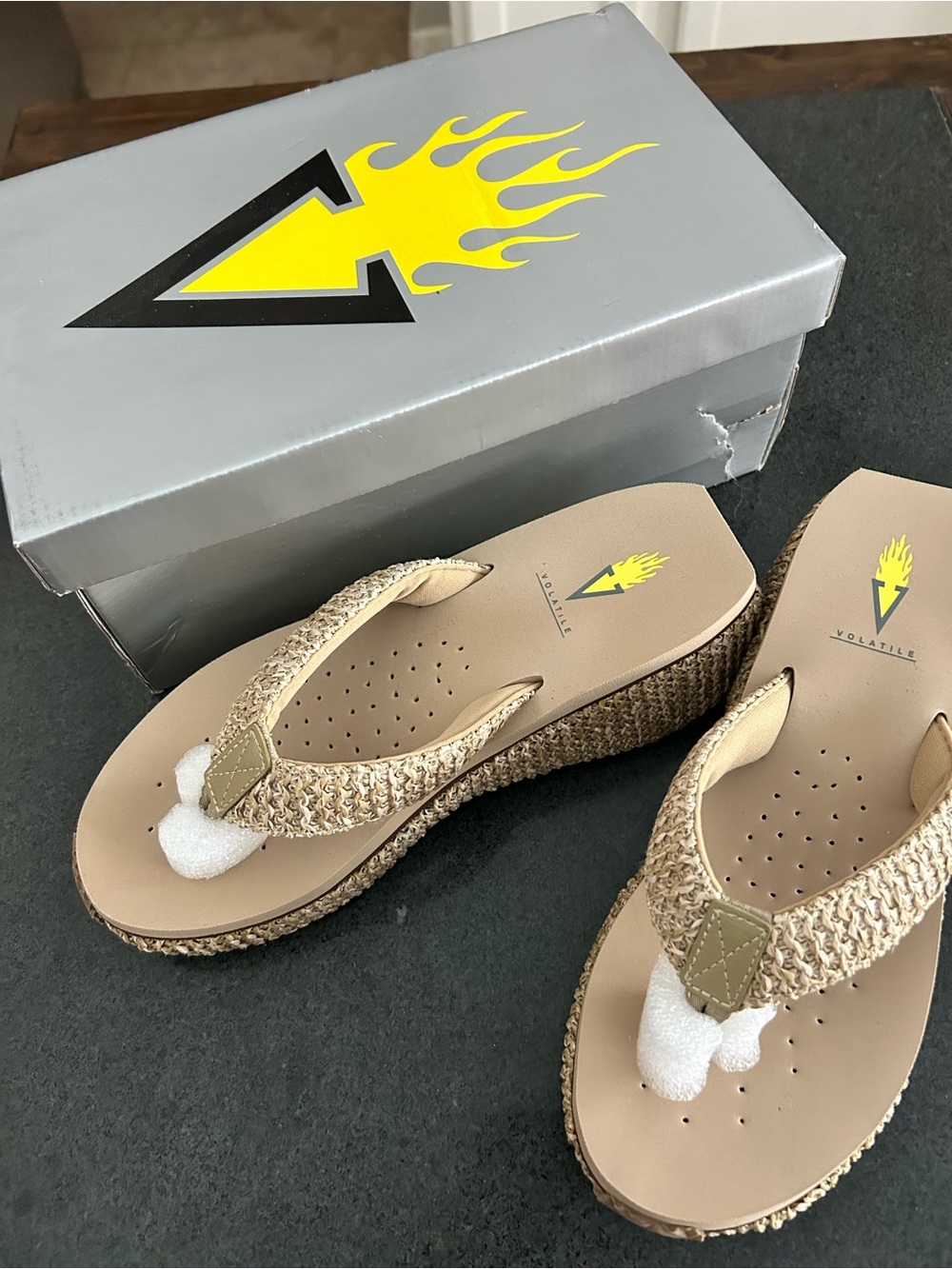 Volatile Beige/Tan Woven Platform Thong Sandals